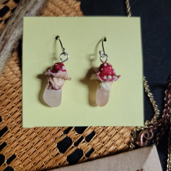 Handcrafted Rose Quartz Crystal and Clay Mushroom Earrings