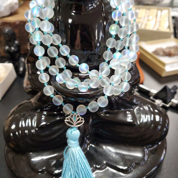 Opalite Mala 108 beads with Lotus Flower Charm 8mm Sea Blue Tassel