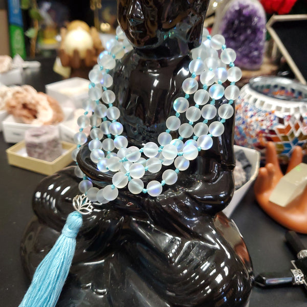 Opalite Mala 108 beads with Lotus Flower Charm 8mm Sea Blue Tassel