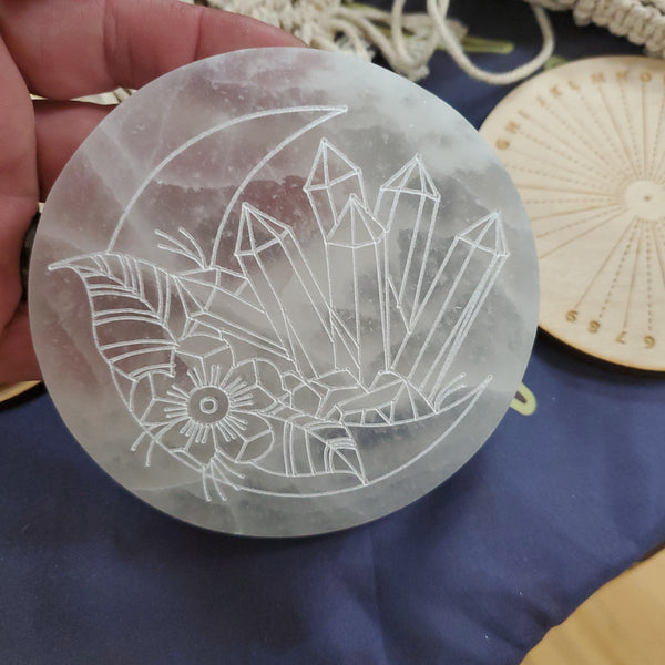 Crescent Moon and Crystals Selenite Charging Disk Large