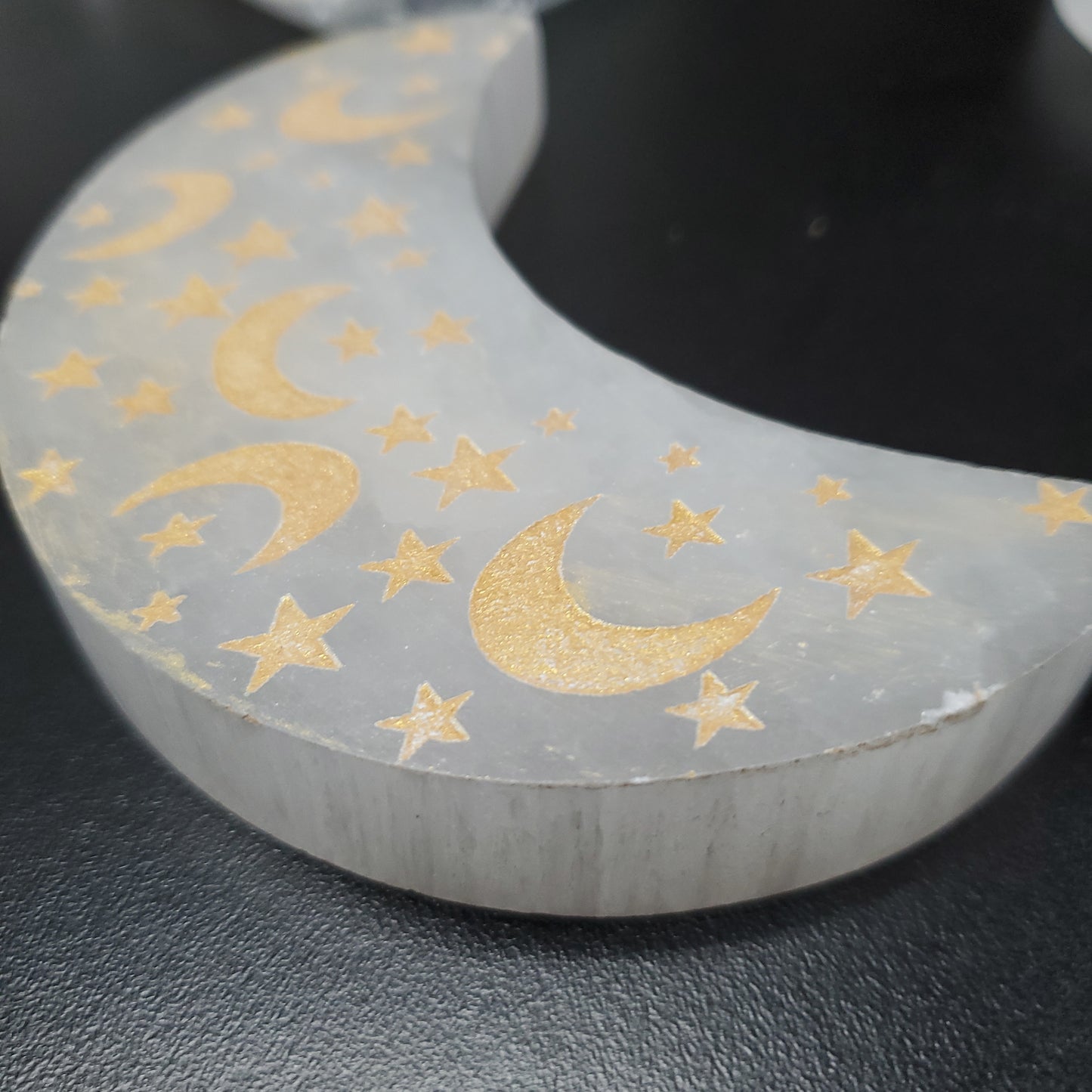 Selenite Moon with Engraved Gold Moon and Stars