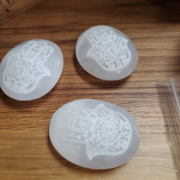 Engraved Selenite Hasma Palm Stone