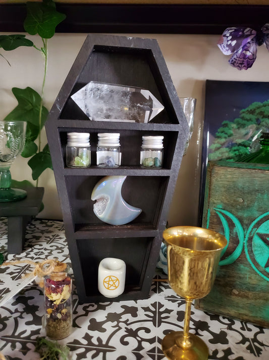Coffin Wood Carved Crystal Shelf / Display