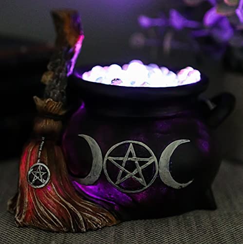 Triple Moon Cauldron with Broom LED Light
