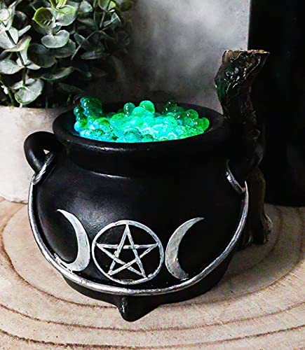 Triple Moon Cauldron with Broom LED Light