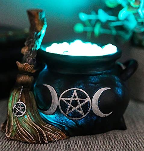 Triple Moon Cauldron with Broom LED Light