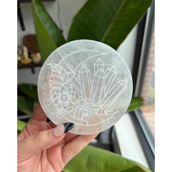 Crescent Moon and Crystals Selenite Charging Disk Large