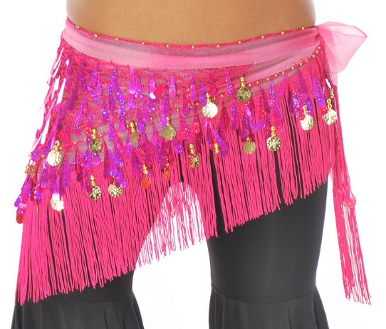 Tie-Dye Triangle Hip Scarf with Teardrop Paillettes, Fringe, & Coins - FUCHSIA - Tree Of Life Shoppe