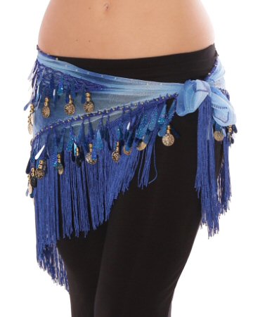 Tie-Dye Triangle Hip Scarf with Teardrop Paillettes, Fringe, & Coins - BLUE - Tree Of Life Shoppe