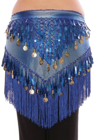 Tie-Dye Triangle Hip Scarf with Teardrop Paillettes, Fringe, & Coins - BLUE - Tree Of Life Shoppe