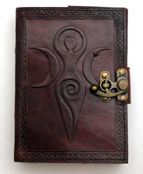 Triple Moon Goddess Embossed Brown Leather Journal w/ latch 5 x 7" (Maiden, Mother, Crone)