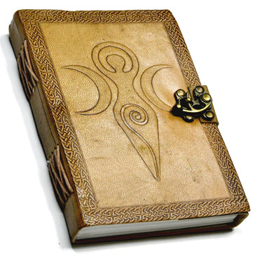 Triple Moon Goddess Embossed Blonde Leather Journal w/ latch 5 x 7" (Maiden, Mother, Crone)