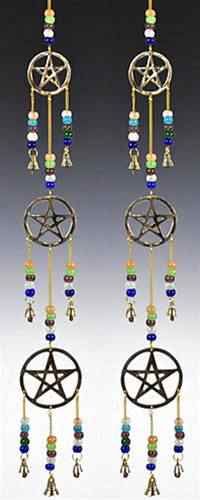 Three Pentacle  Brass Chime with Beads - 25"L - Tree Of Life Shoppe