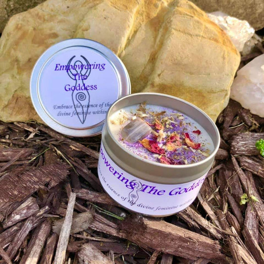 Magical Crystal and Herb Candle Tin - Empowering the Goddess