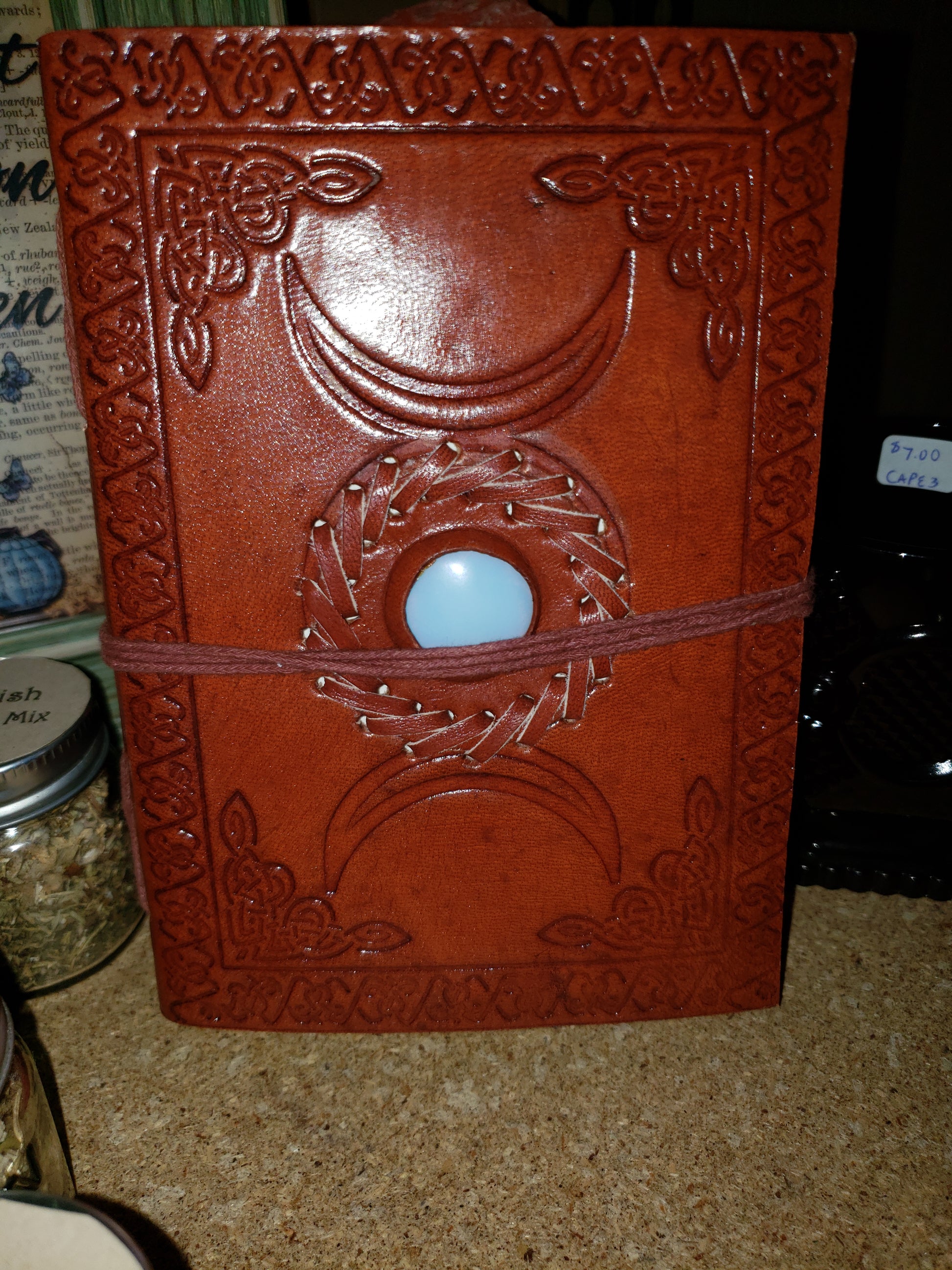Triple Moon with Stone Embossed Leather Journal w/ cord - Tree Of Life Shoppe