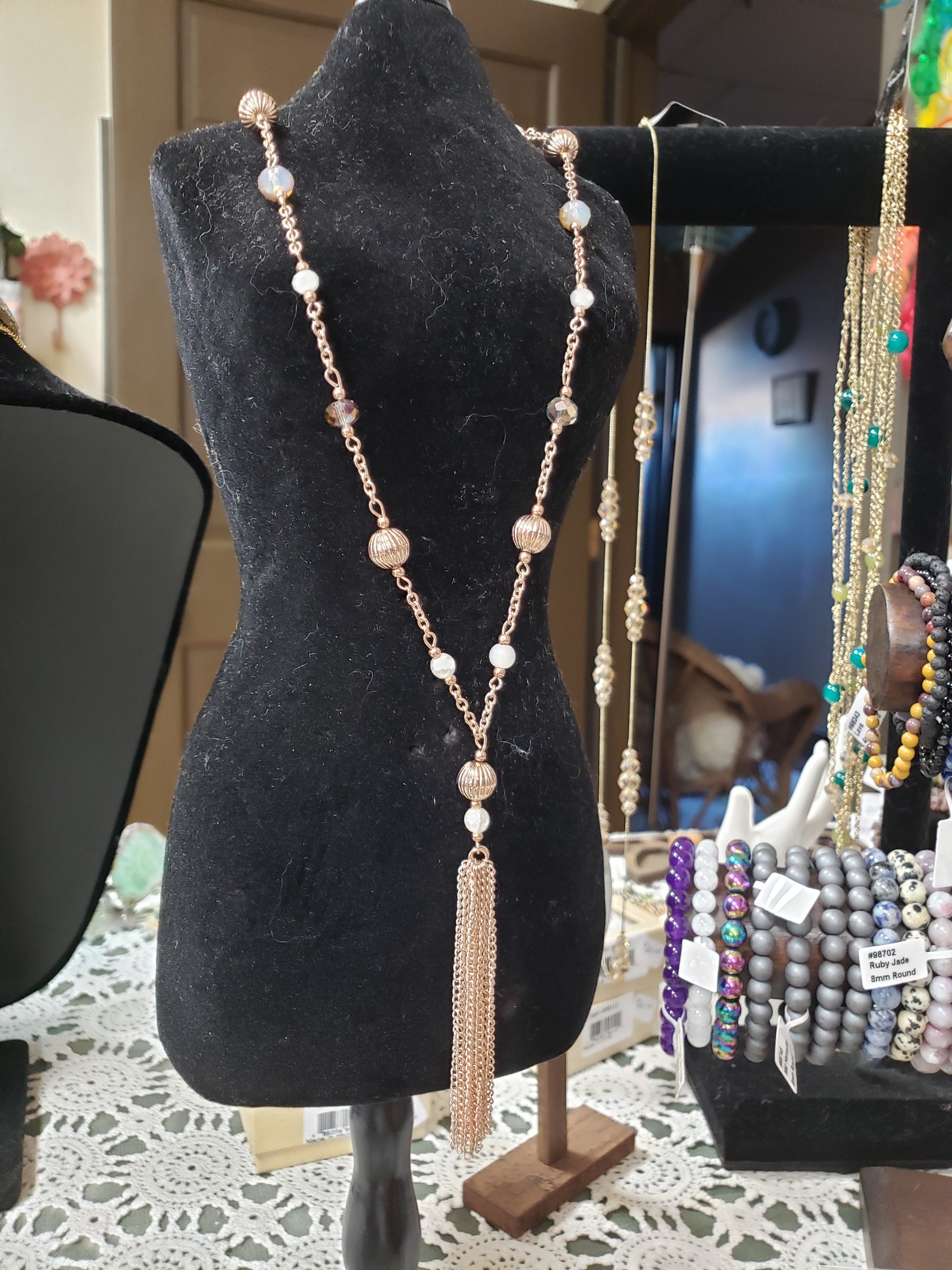 Beaded Necklace - Mauve and Rose Gold with tassel chain - Tree Of Life Shoppe