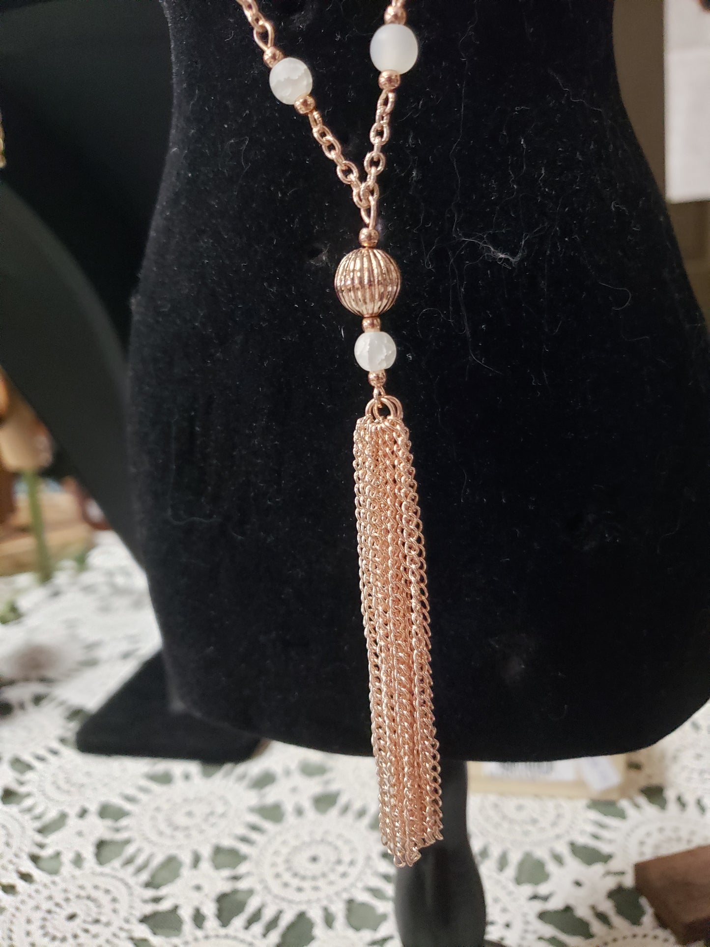 Beaded Necklace - Mauve and Rose Gold with tassel chain - Tree Of Life Shoppe