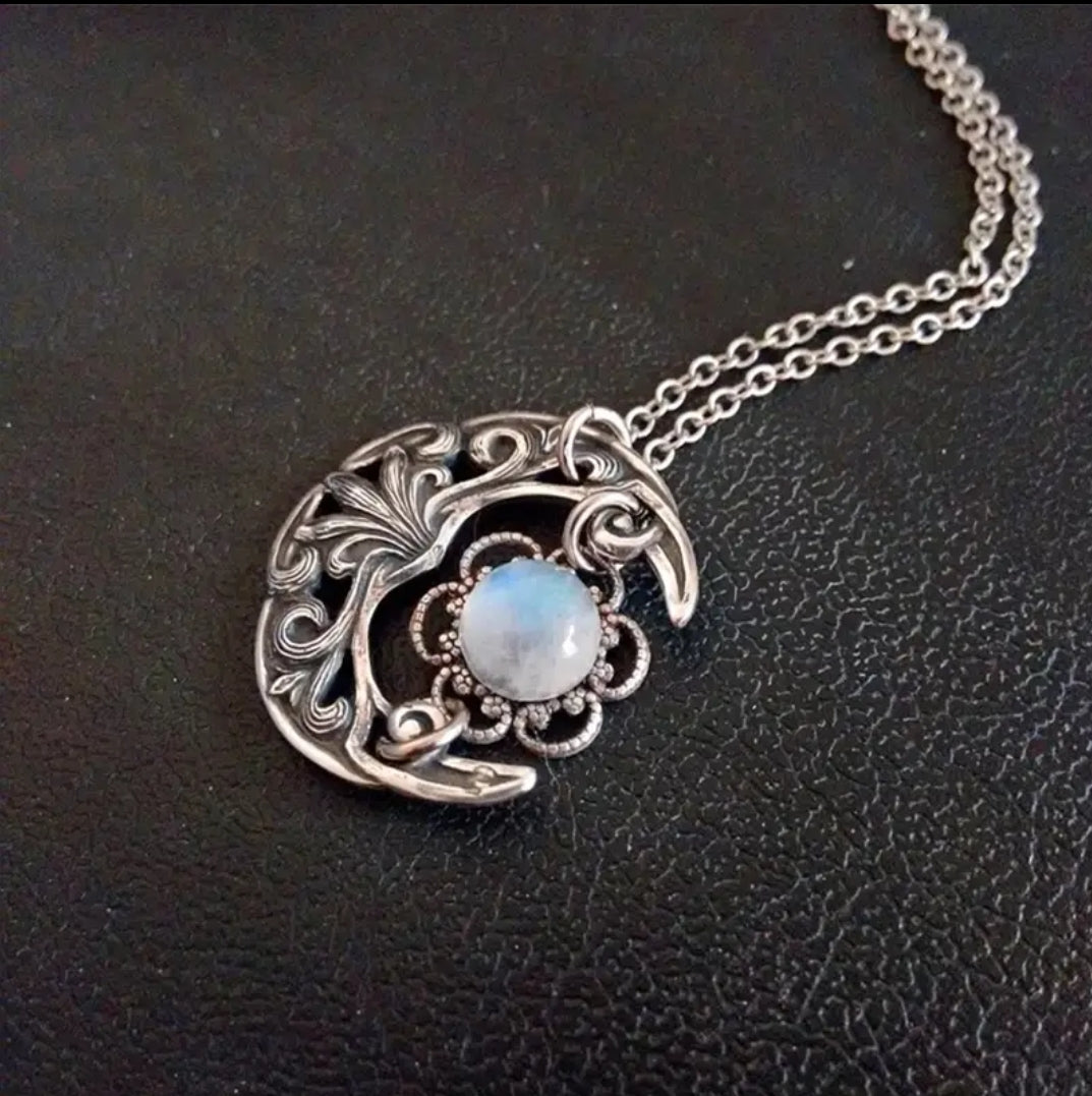 Boho Flaux Moonstone Cresent Moon Necklace