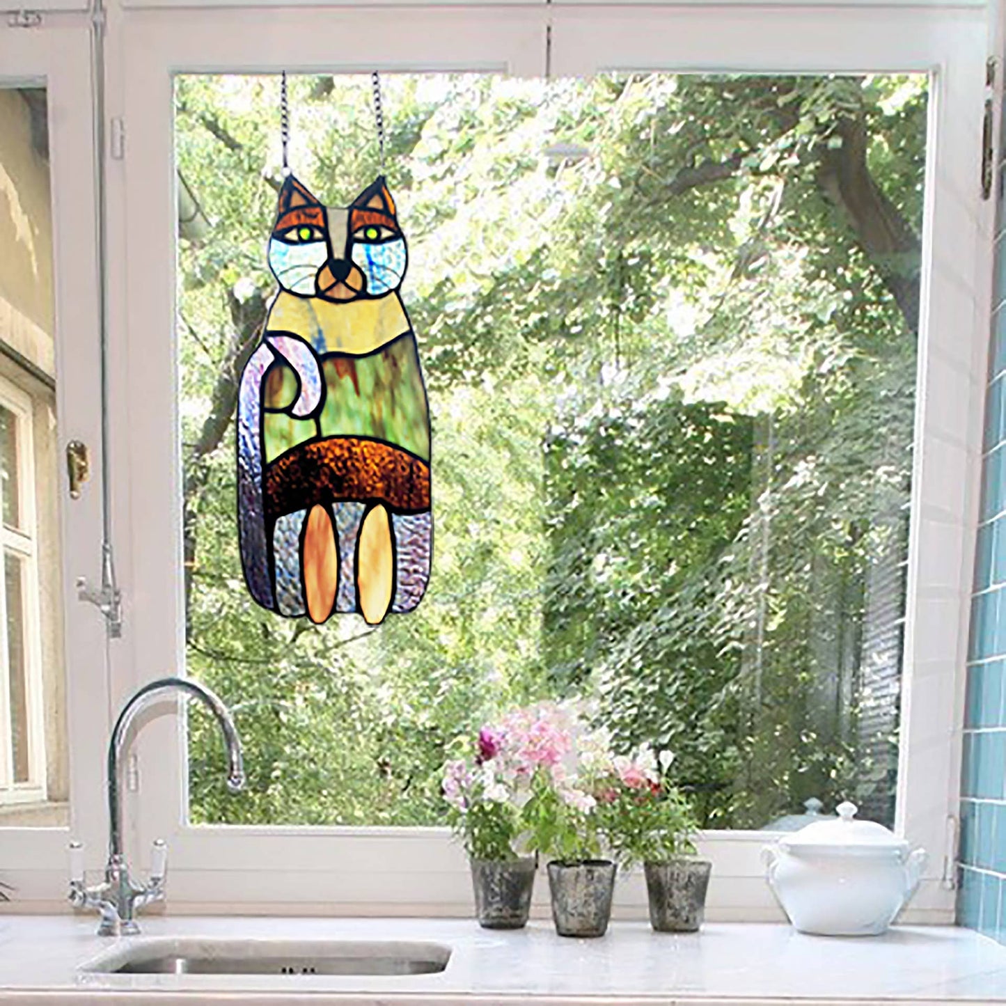 Cecile the Cat Multicolor Stainglass Window