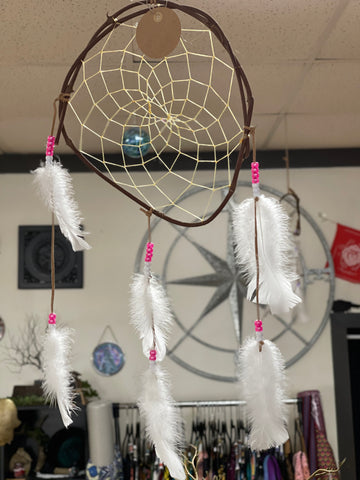 Large Vine Dream Catcher Handmade pink and white beads (curved) - Tree Of Life Shoppe