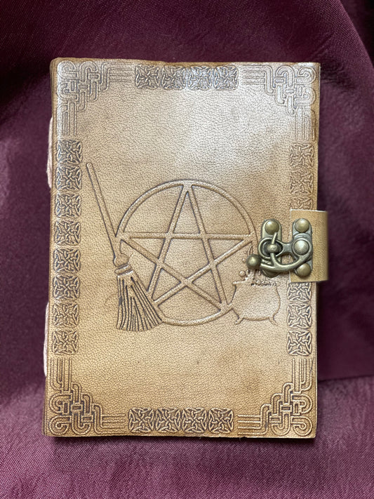 Broom & Pentacle Blonde Leather Journal with Latch 5 x 7